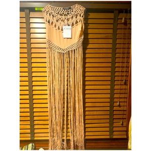 Dusty pink airy crochet top with long fringe